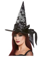 Oboustranný čarodějnický klobouk s flitry a stužkou deluxe (černý a střibrný)