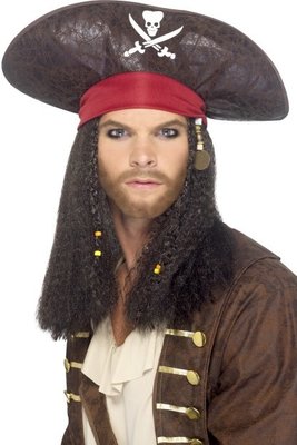 Pirátský klobouk s lebkou hnědý s vlasy