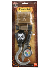 Pirátská sada šestidílná (truhla, záslepka, dalekohled, hák, nůž, kompas)