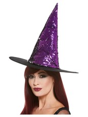 Oboustranný flitrový čarodějnický klobouk (černý nebo fialový)
