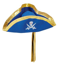 Modrý pirátský klobouk s lebkou a zlatým lemem
