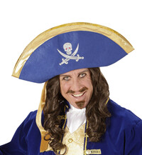Modrý pirátský klobouk s lebkou a zlatým lemem