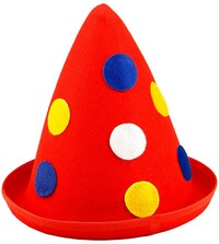 Puntíkovaný klaunský klobouk špičatý, červený