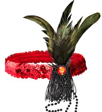 Dámská čelenka červená s flitry,peřím a kamínkem