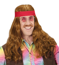Pánská hippie paruka s červeným šátkem a knírem