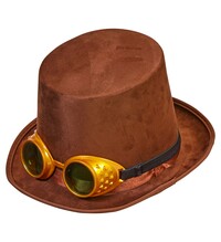 Semišový steampunk klobouk s brýlemi, hnědý