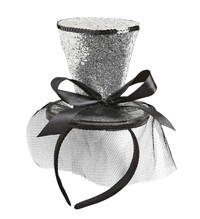 Stříbrný mini klobouk na čelence se závojem