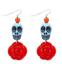 Pár náušnic s azurovou lebkou a červenou růží