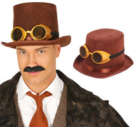 Hnědý klobouk steampunk s brýlemi