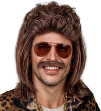Retro hnědá mullet paruka s knírem z 80. let