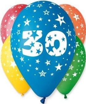 Pastelový balónek s číslicí, 5ks, rozměr 30cm, mix barev - 30. narozeniny