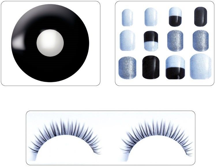 Sada kontaktních čoček na jeden rok, nehty a řasy černé