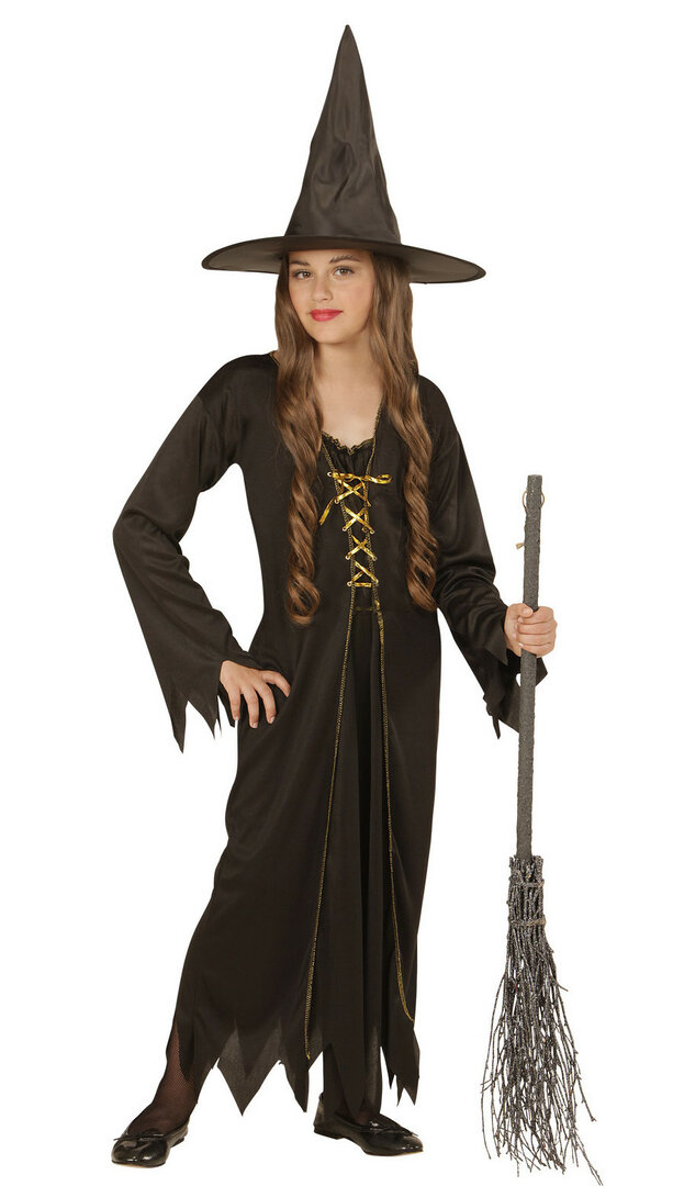 Dívčí kostým čarodějnice, černý (dlouhý) - Pro věk 8-10 let