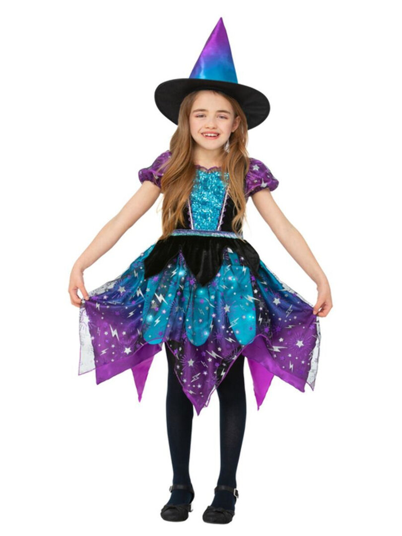 Dívčí svítící deluxe kostým čarodějnice, měsíc a hvězdy - Pro věk 7-9 let