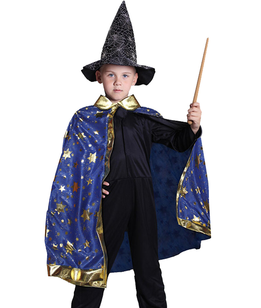 Dětský kouzelnický modrý plášť s hvězdami čarodějnice/Halloween