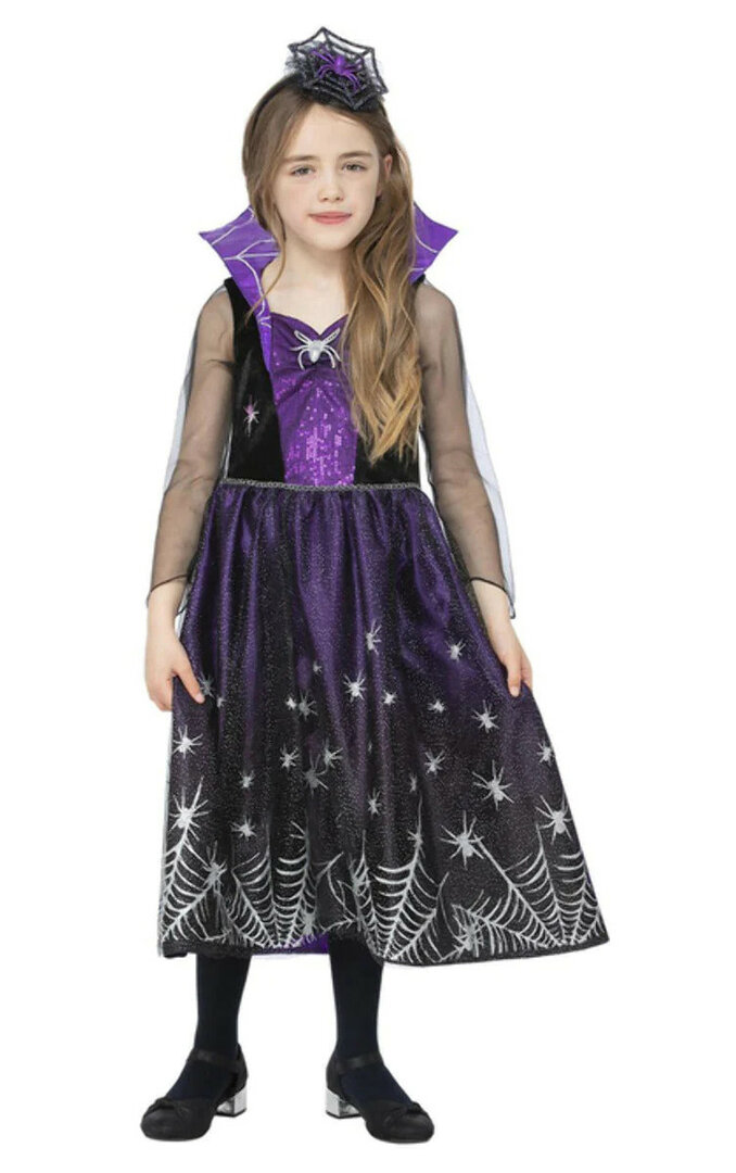 Dívčí kostým fialová čarodějnice s pavouky - Pro věk 7-9 let