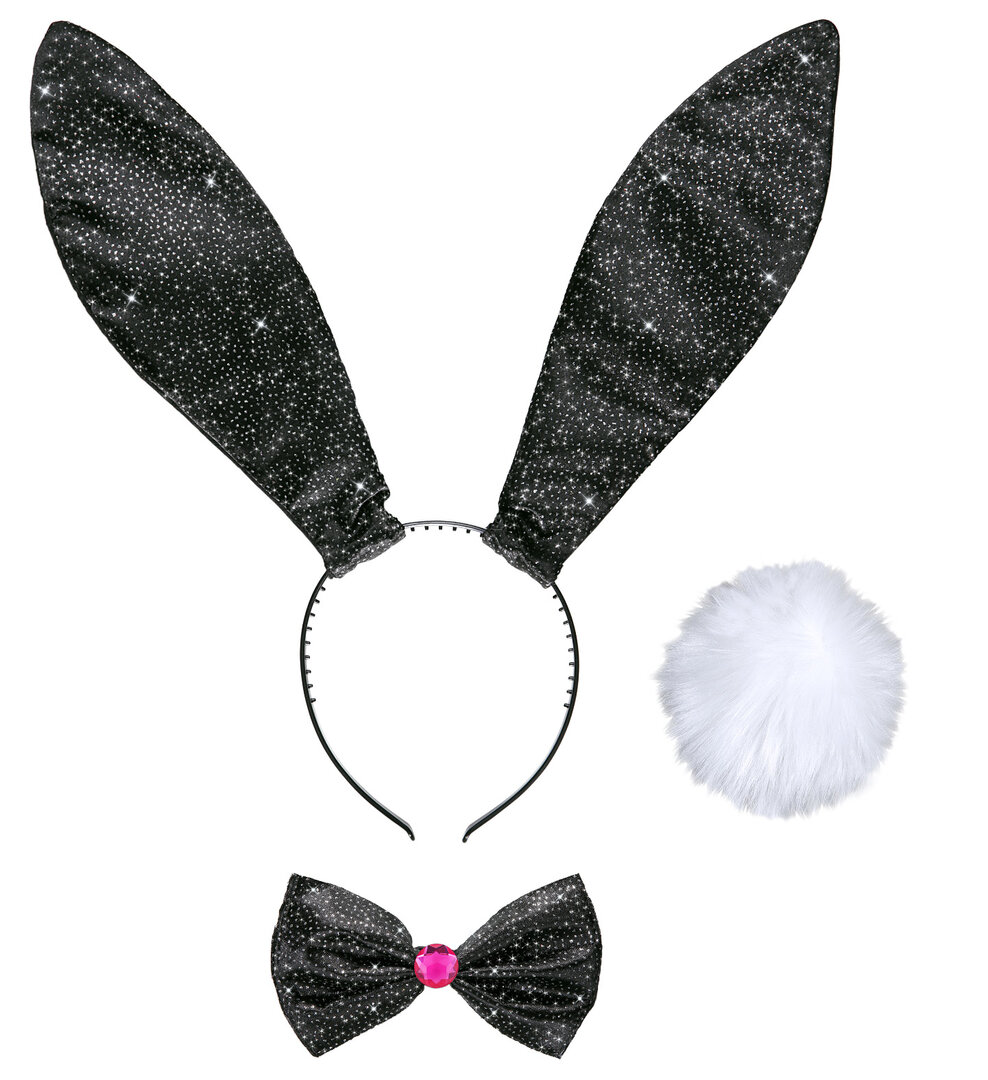 Dámský černý set s glittry zajíček (uši, motýlek, ocas)
