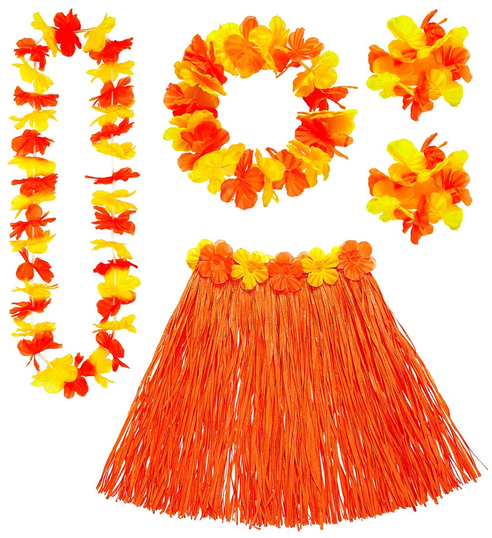 Oranžový havajský set (sukně, věnec, náhrdelník, náramky)