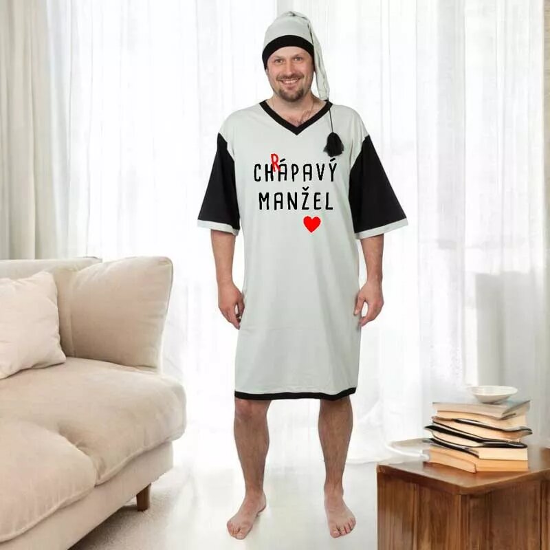 Chrápavý manžel - Noční košile šedá s čepičkou