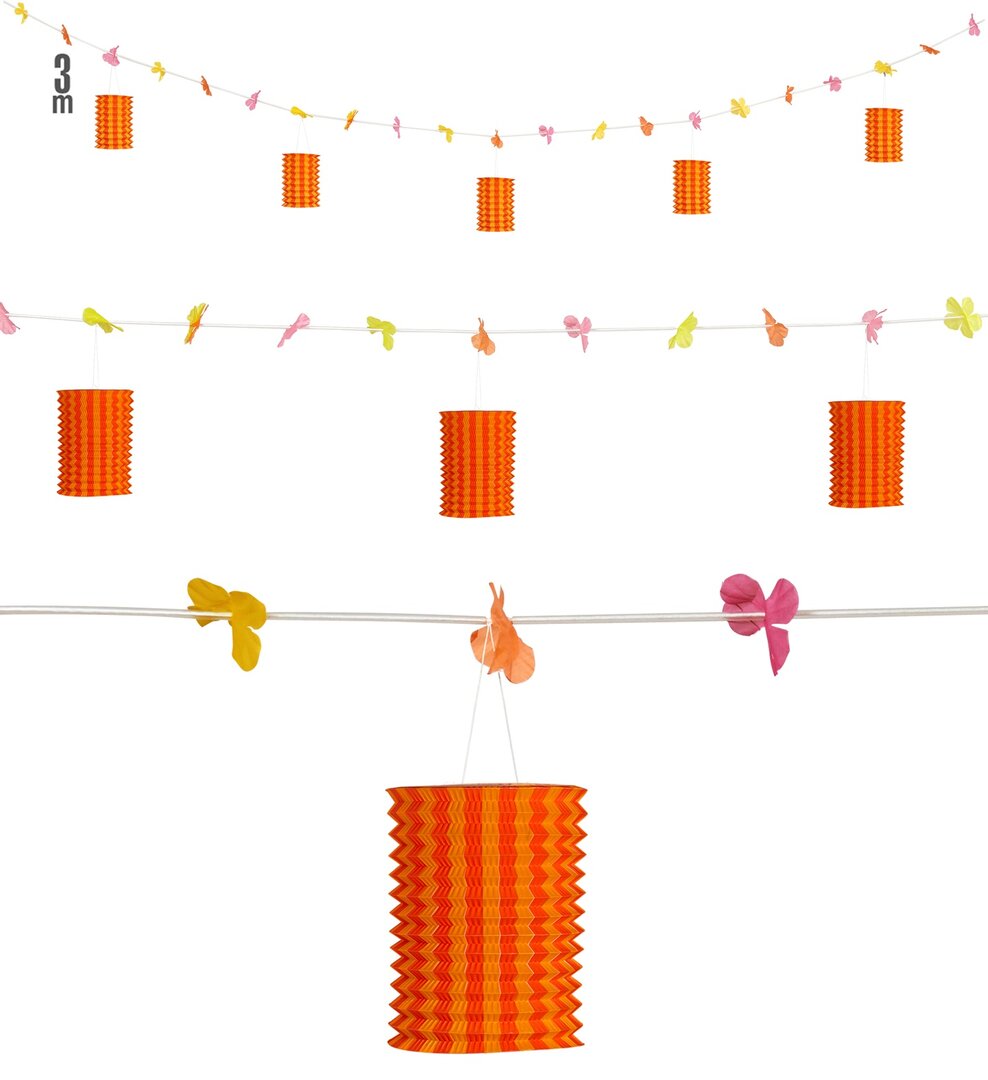 Oranžovo-žlutá lampionová girlanda s květinami, 3 m
