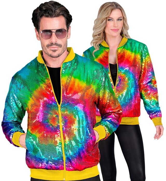 Unisex duhová bomber bunda v batikovaném stylu s flitry
