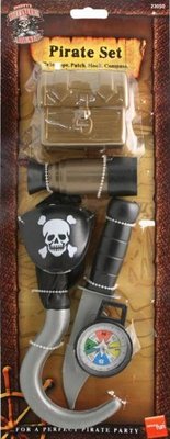 Pirátská sada šestidílná (truhla, záslepka, dalekohled, hák, nůž, kompas)