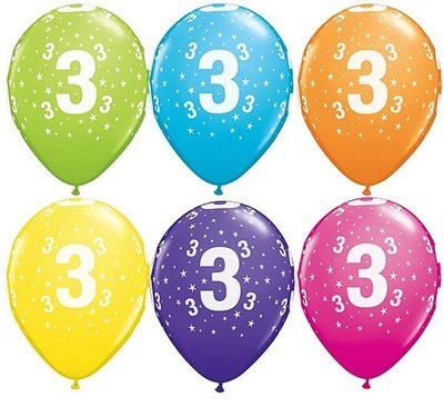 Balónek číslice 3, 6ks, rozměr 30cm, pastelové barvy