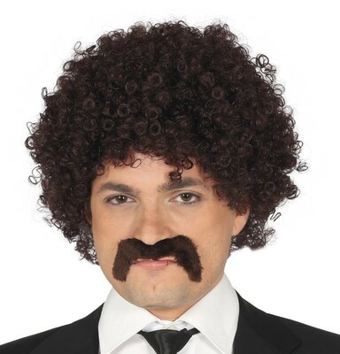 Hnědá kudrnatá paruka s knírem