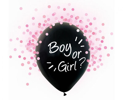 Černý latexový balonek na odhalení pohlaví miminka s konfetami, růžový