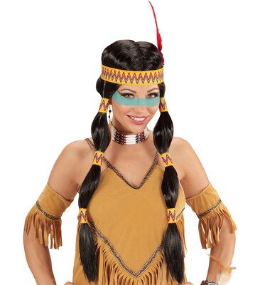 Dámská indiánská paruka s dlohými copánky a čelenkou s pérem