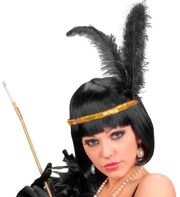 Dámská čelenka se zlatými flitry a peřím