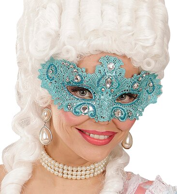 Dámská krajková škraboška zdobená kamínky v azurové barvě