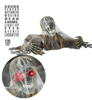 Kostra zombie s pohybujícíma se rukama, hlavou, smíchem a blikajícíma očima 120 cm
