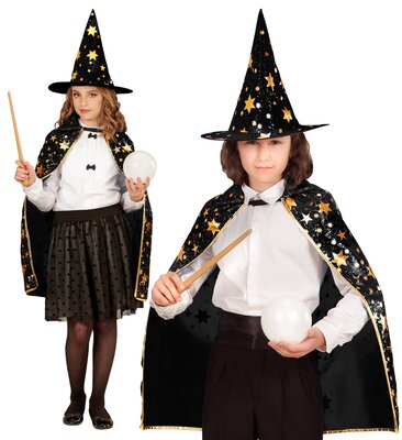 Dětský černý čarodějnický set klobouk a plášť 70 cm