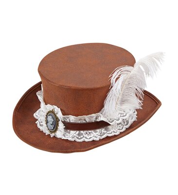 Hnědý kožený steampunk klobouk s pérem
