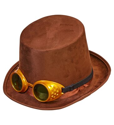 Semišový steampunk klobouk s brýlemi, hnědý