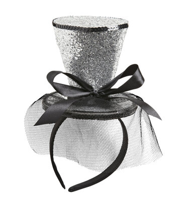 Stříbrný mini klobouk na čelence se závojem