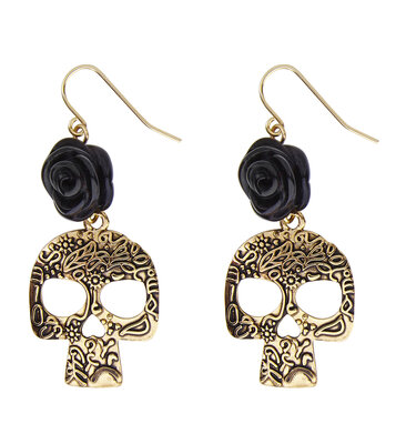 Pár náušnic s černou růží a zlatou lebkou