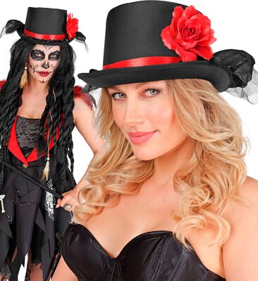 Černý cylindr se závojem a růži