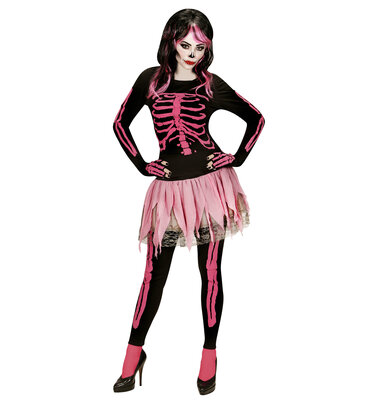 Dámský kostým růžový kostlivec (tričko, kalhoty, tutu sukně, rukavice bez prstů)