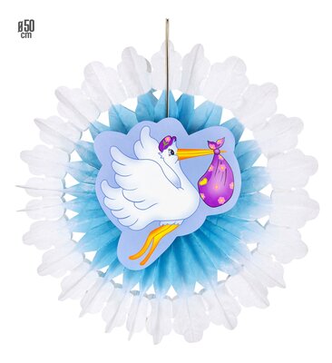 Papírová rozeta s čápem, modrá (50cm)