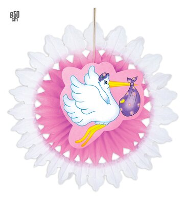 Papírová rozeta s čápem, růžová (50 cm)