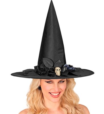 Čarodějnický klobouk s lebkou a mašlí a květinami