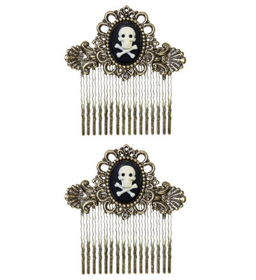 Hřebínky do vlasů s motivem starodávné zlaté lebky a zkřížených kostí