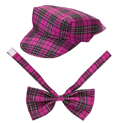 Klobouk s motýlkem, růžový tartan