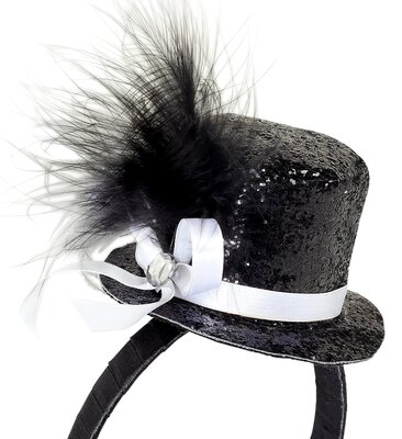 Mini klobouček s pírkem a drahokamem, černý