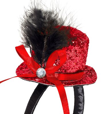 Mini klobouček s pírkem a drahokamem, červený
