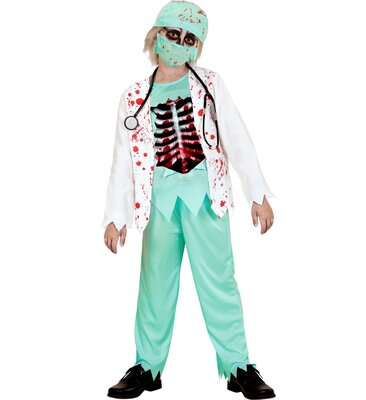Zombie doktor (krvavý kabát s košilí a kostmi na hrudi, kalhoty, čepice, rouška, stetoskop)