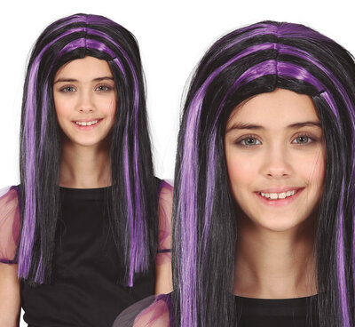 Dívčí paruka čarodějnice, s fialovými proužky