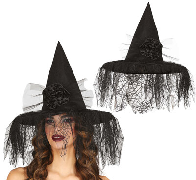 Čarodějnický klobouk s květinou a závojem